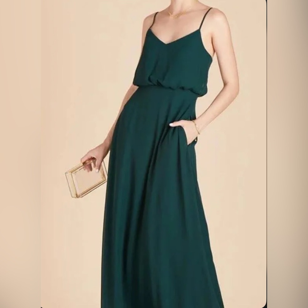 BIRDY GREY Sm Gwennie Green Long Formal Spaghetti Straps Blouson V Neck POCKETS